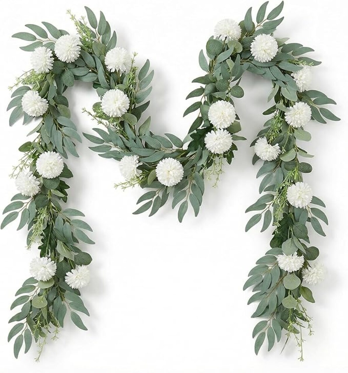 1 Pcs 6 ft Artificial Flower Garland with Chrysanthemum and Eucalyptus 22 Inch White Floral Summer Garland for Wedding Porch Stair Table Centerpieces Baby Shower Birthday Decor